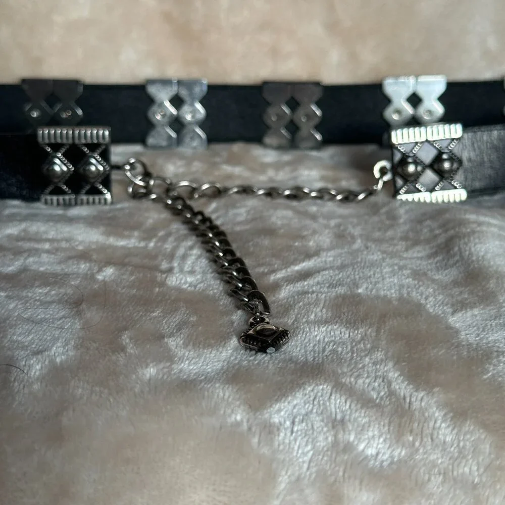 Chico's Black Leather Silver Tone Concho Southwestern Adjustable Belt Chain S/M